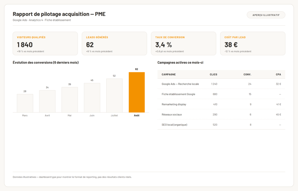 Exemple de rapport de pilotage acquisition PME — aperçu illustratif
